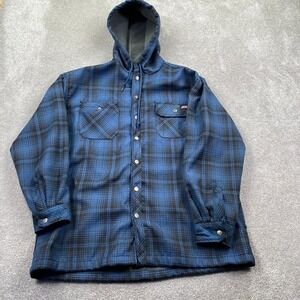 Genuine Dickies Mens XL Blue Black Plaid Fleece Lined Hood Flannel Shirt Jacket